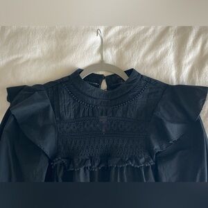 J. Crew Black Cotton Long sleeved Ruffle Top with Lace & Pintuck Detail. Small